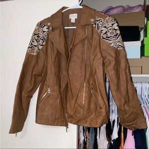 Chico’s Faux-Leather Jacquard Moto Jacket